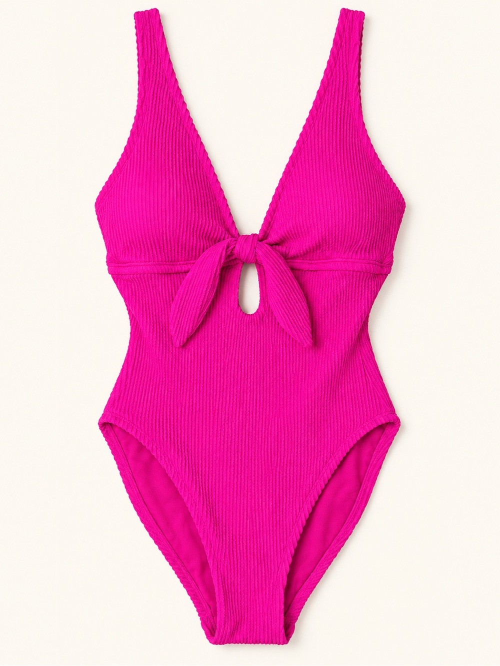Hot Pink Ribbed One-Piece Swimsuit with Front Tie
